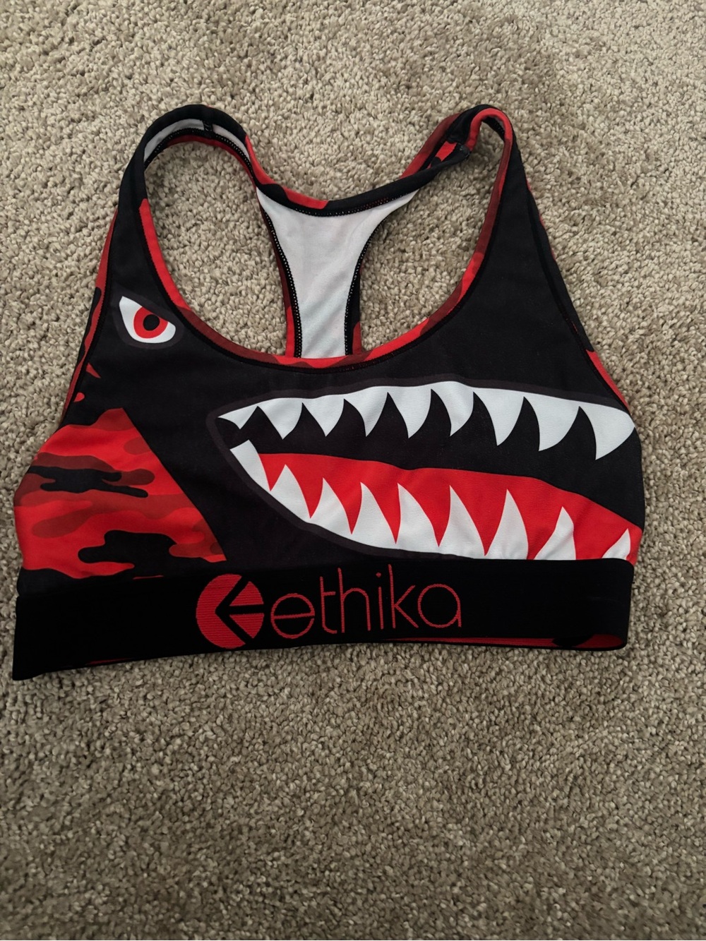 ethika Black, Red & White Shark Bite Racerback Sports Bra